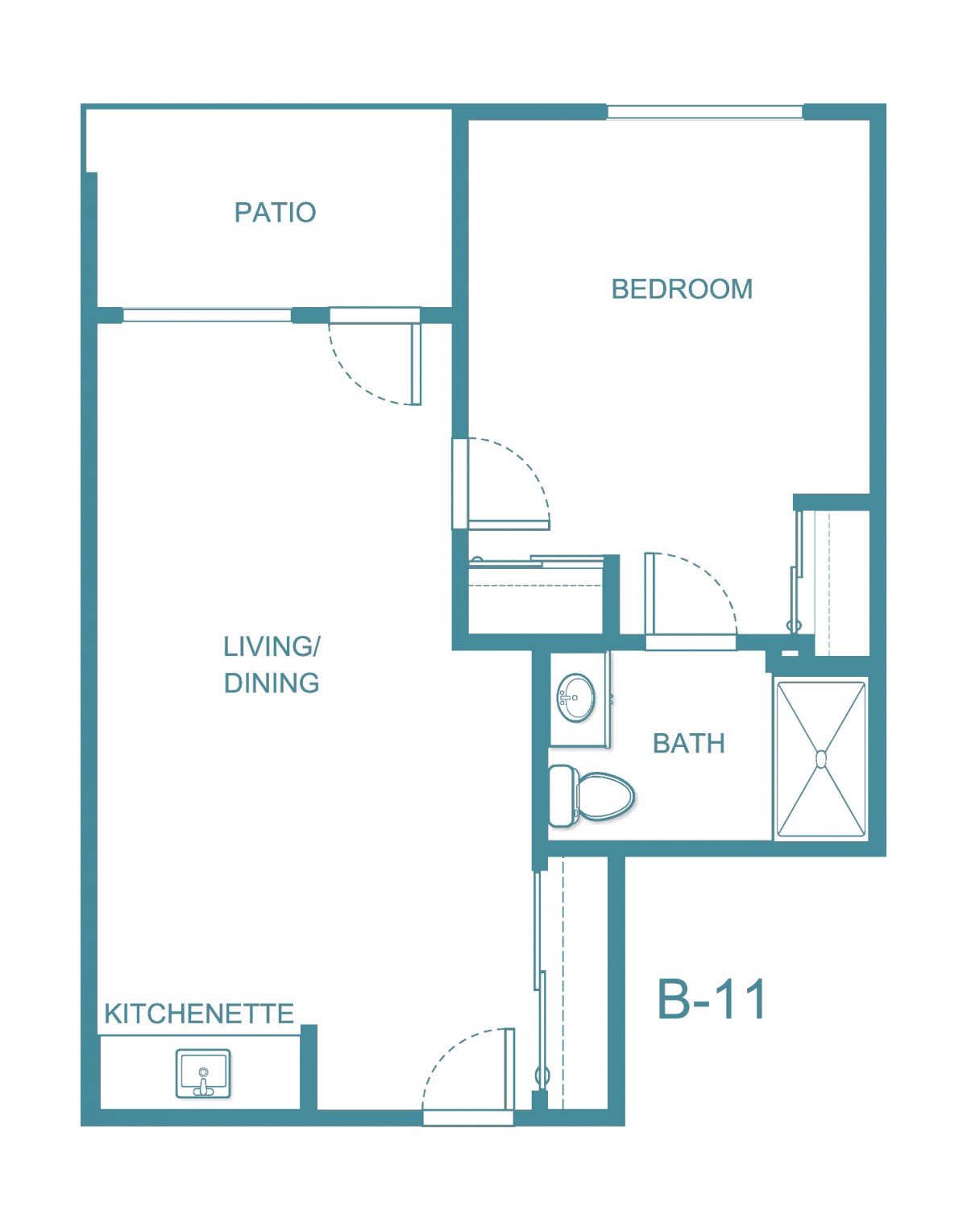 A floor plan of a one-bedroom apartment featuring a patio, living/dining area, kitchenette, bathroom, and a bedroom.