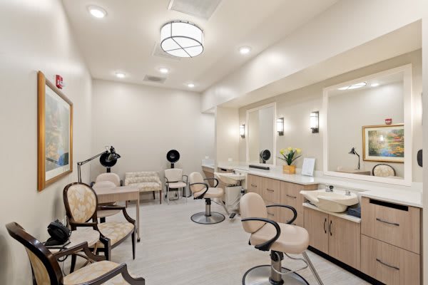 A modern salon with stylish chairs, well-lit mirrors, and elegant decor.