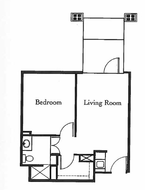 A simple floor plan showing the layout of a small apartment with a bedroom, living room, kitchen, and bathroom.