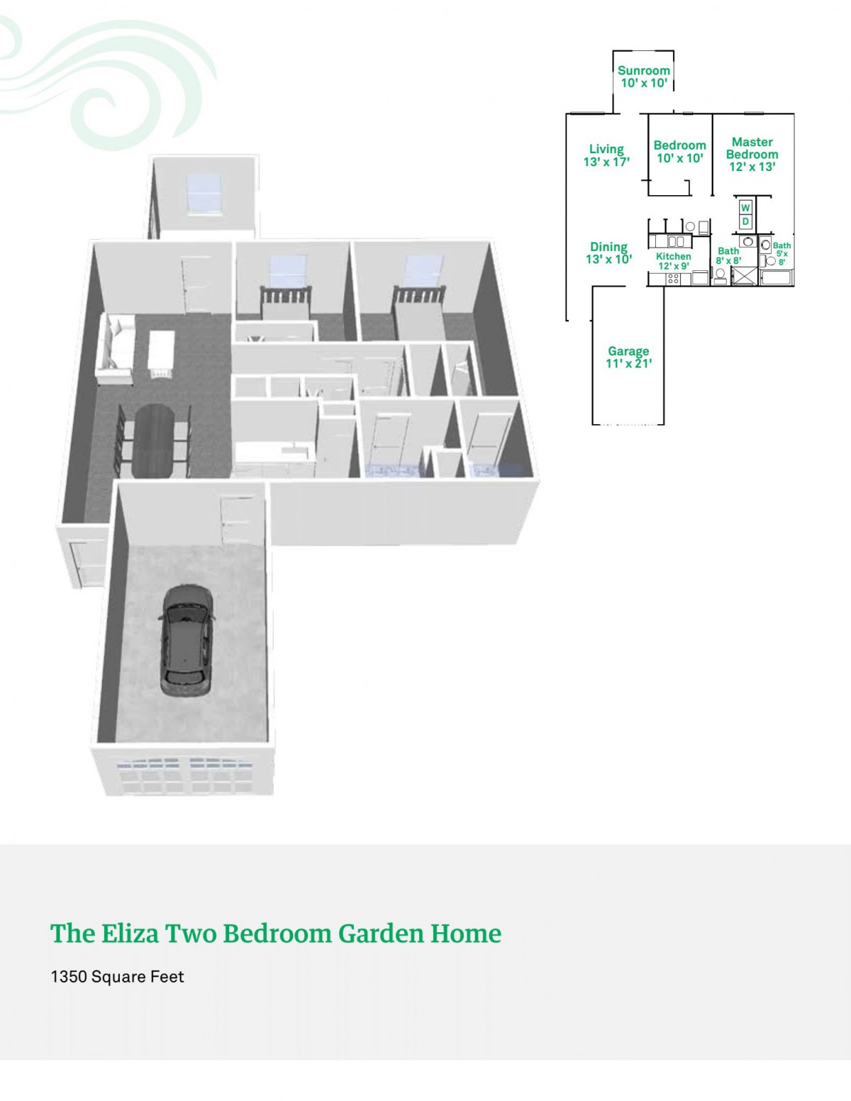 3D floor plan of a two-bedroom garden house with an attached garage.