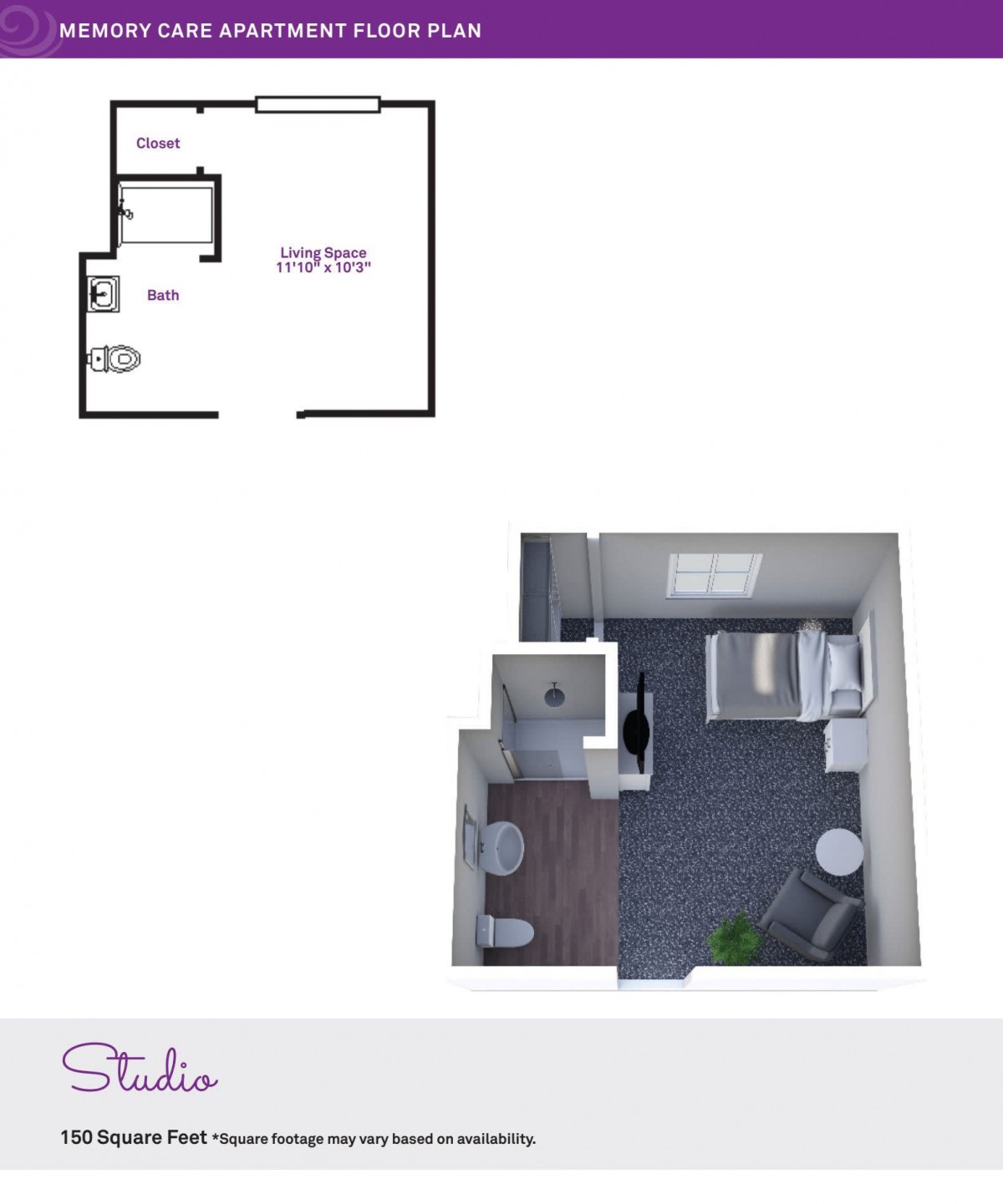 A 3D rendering and floor plan of a studio apartment layout.