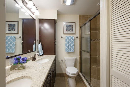 A modern bathroom featuring a stylish vanity, shower, and decorative elements.