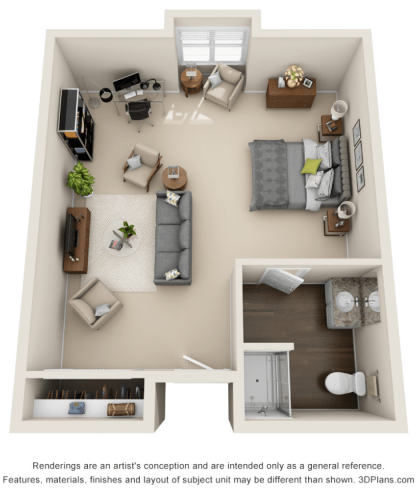 A 3D floor plan of a one-bedroom apartment featuring a living area, bedroom, and bathroom.