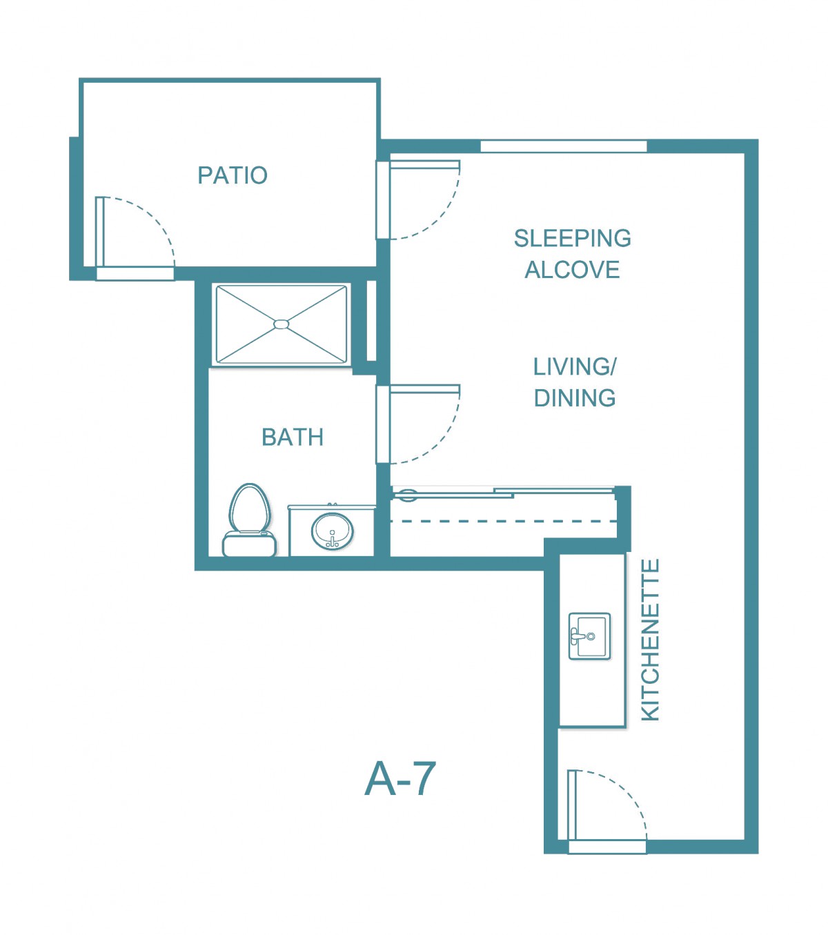 Studio apartment floor plan featuring a sleeping alcove, living/dining area, bath, and patio.