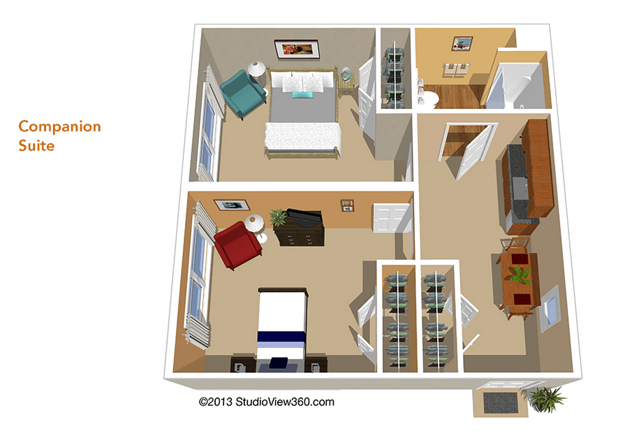 A 3D floor plan of a small apartment with two bedrooms, a living area, and a bathroom.