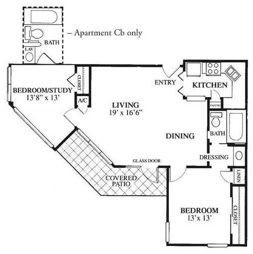 A floor plan of a two-bedroom apartment with labeled rooms including kitchen, dining, living area, and bathroom.