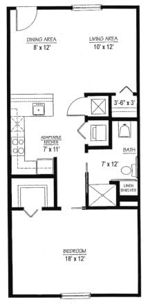 A floor plan illustrating an apartment layout with designated areas for the kitchen, living area, bedroom, and bathroom.