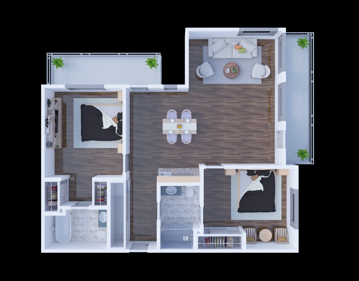 A detailed floor plan showing an apartment with two bedrooms, a living room, dining area, and integrated kitchen.