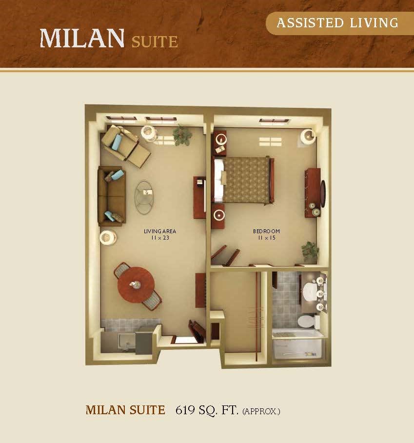 Floor plan of the Milan Suite for assisted living, featuring a one-bedroom layout with living area and bathroom.