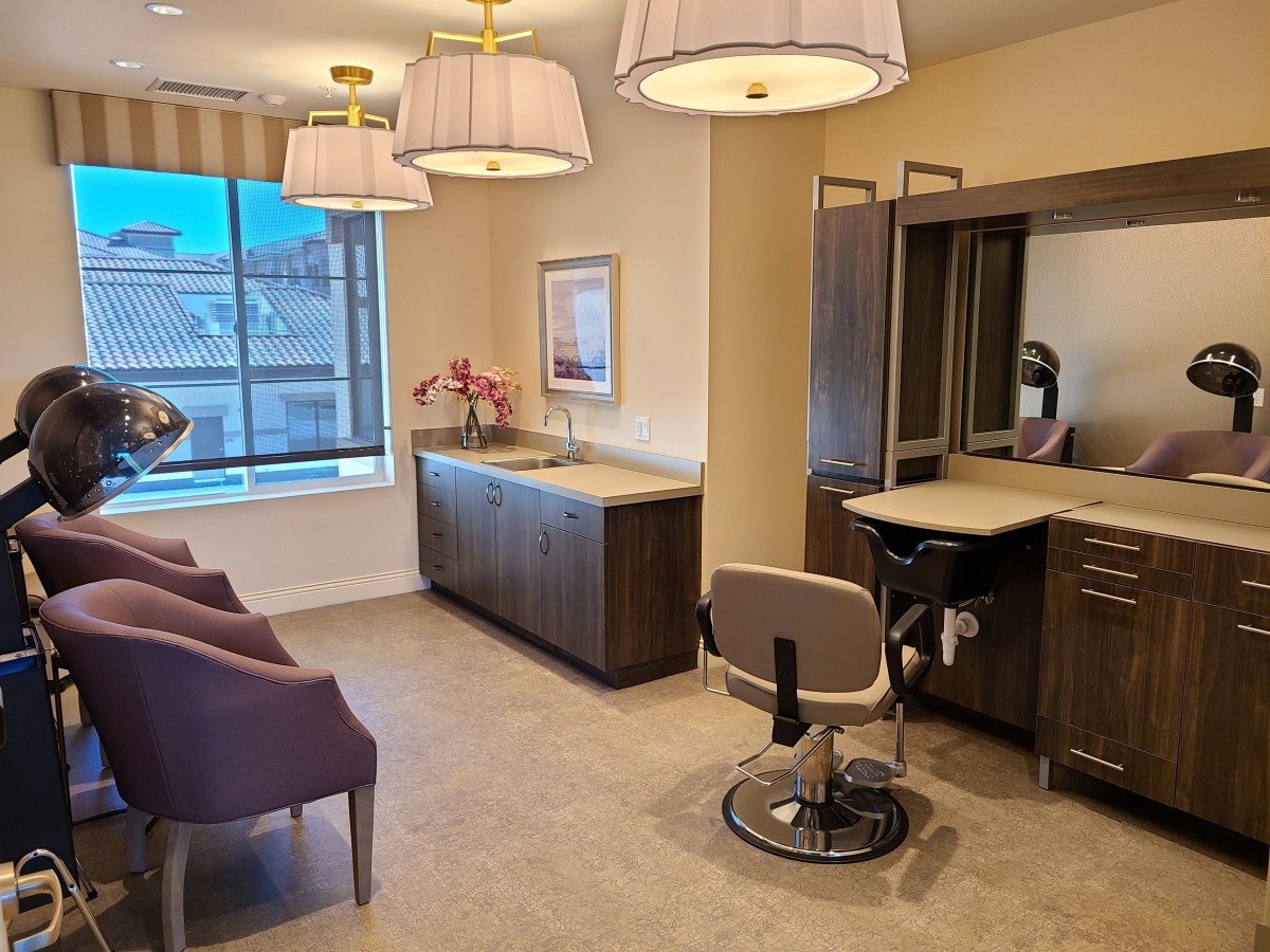 A stylish and modern beauty salon interior featuring a hair styling station, comfortable seating, and elegant lighting.