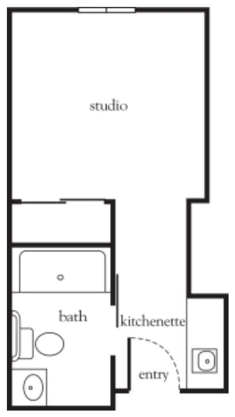 A simple floor plan of a studio apartment featuring a kitchenette and bathroom.