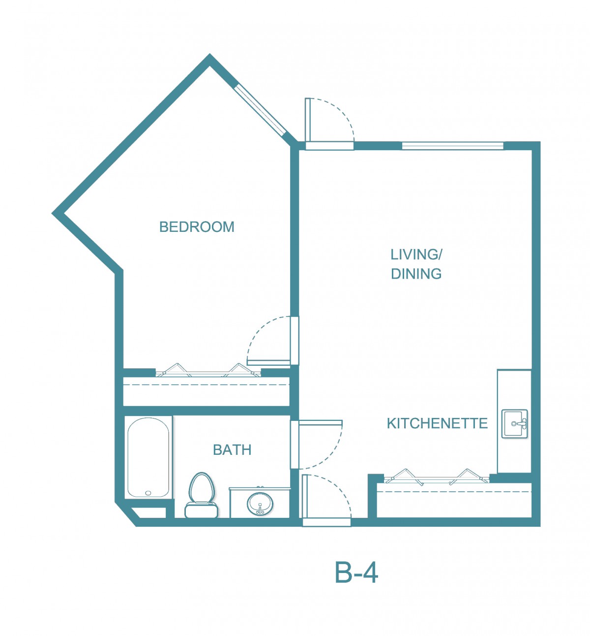 A floor plan of a one-bedroom apartment with a living/dining area, kitchenette, and bathroom.