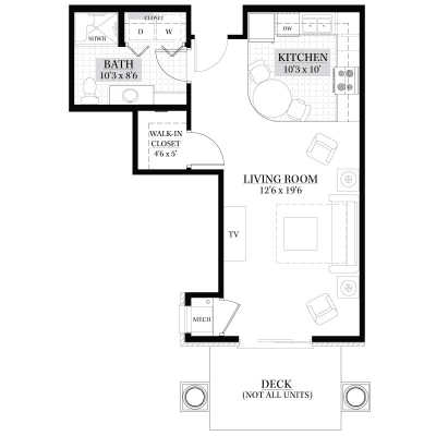 Floor plan of a studio apartment with kitchen, bathroom, and living area.