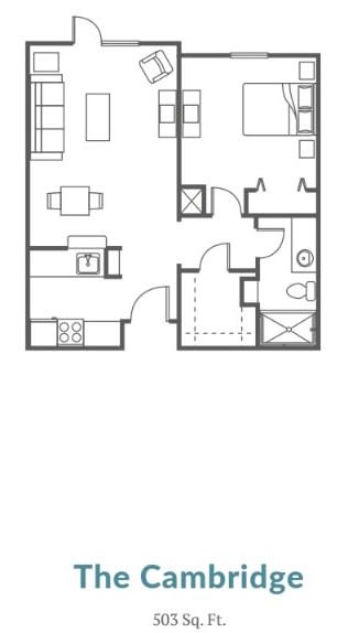 A simple floor plan of an apartment with designated areas for a kitchen, living room, bedroom, and bathroom.
