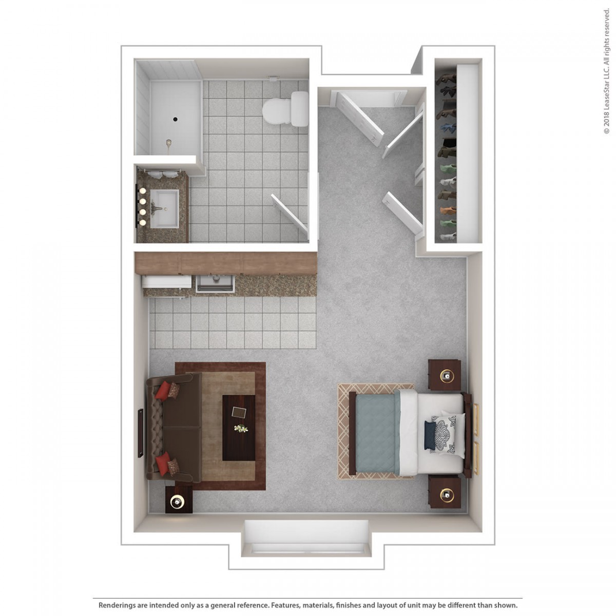 A compact studio apartment floor plan featuring a bedroom area, bathroom, and furniture layout.
