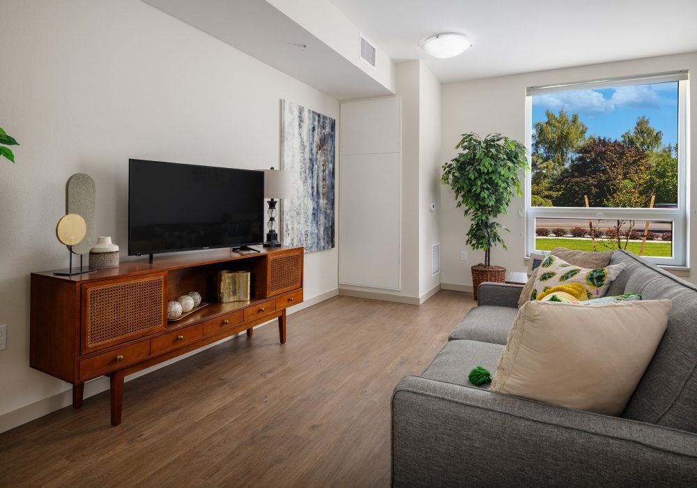 A modern living room with a stylish TV stand, comfortable sofa, and large window bringing in natural light.