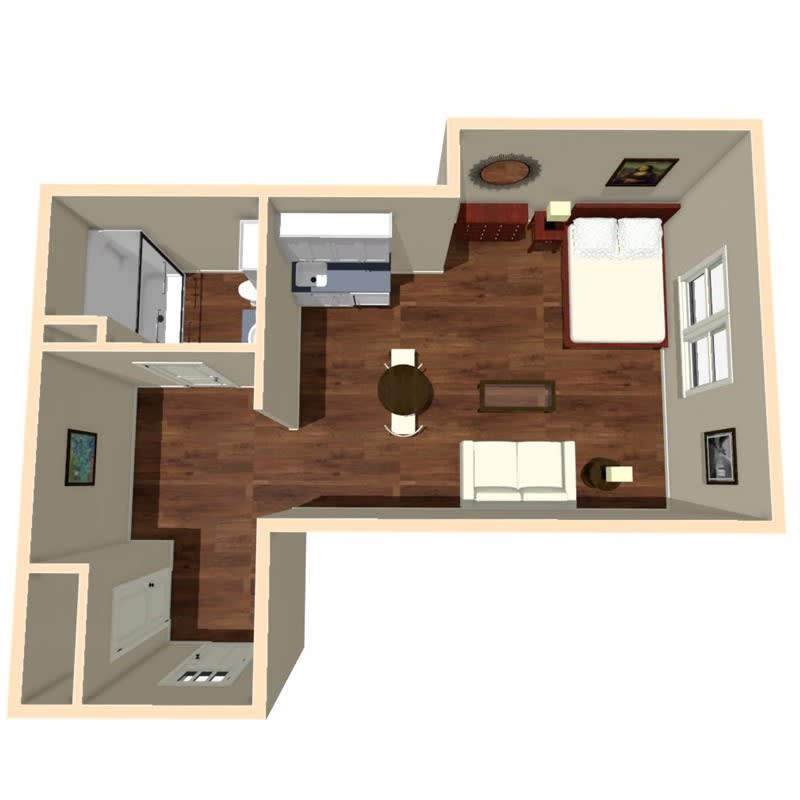 A 3D rendering of a compact apartment floor plan, featuring a living room and bedroom.