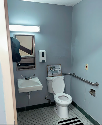 A simple public restroom featuring a toilet, sink, and mirror with accessibility support.