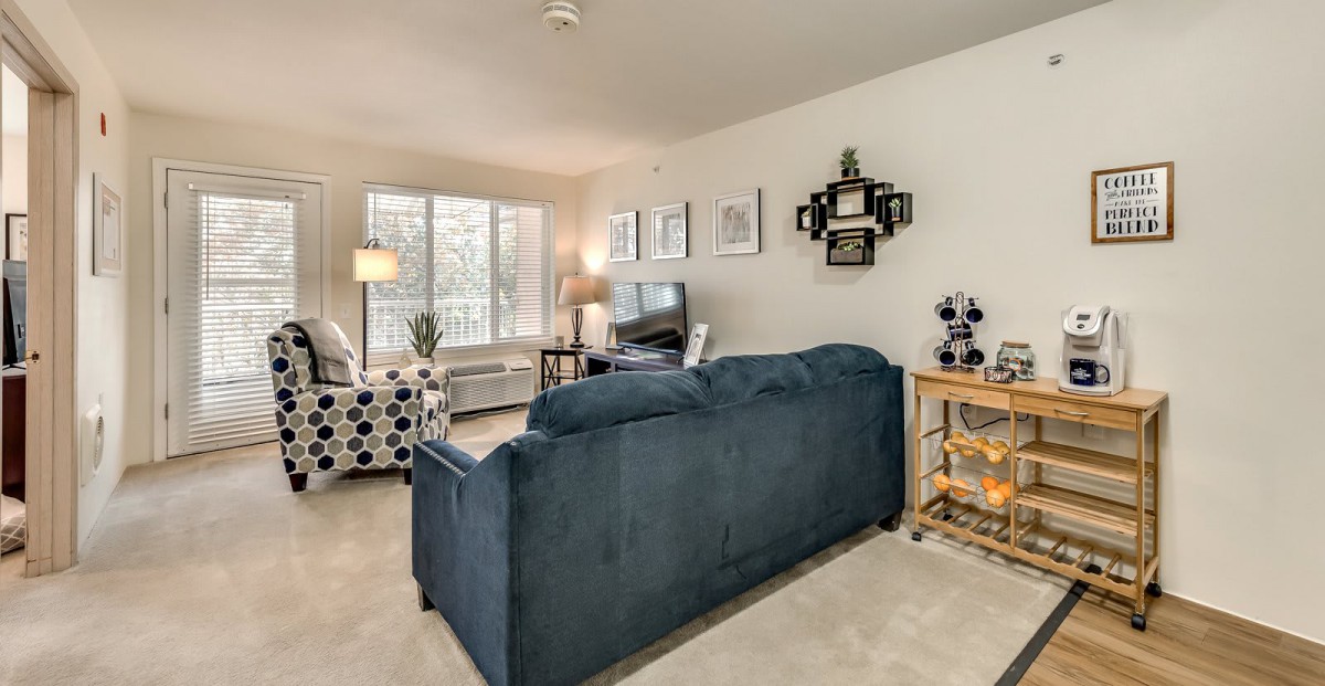 A cozy living room with a blue sofa facing a television, featuring elegant decor and ample natural light.