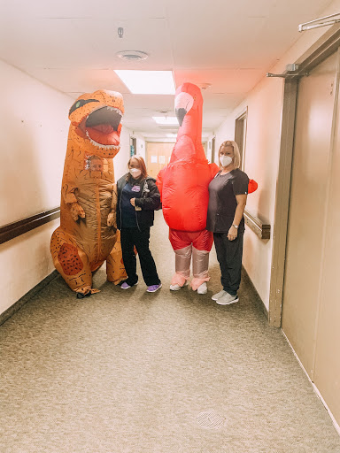 A playful moment with friends dressed in inflatable dinosaur and bird costumes in a hallway.