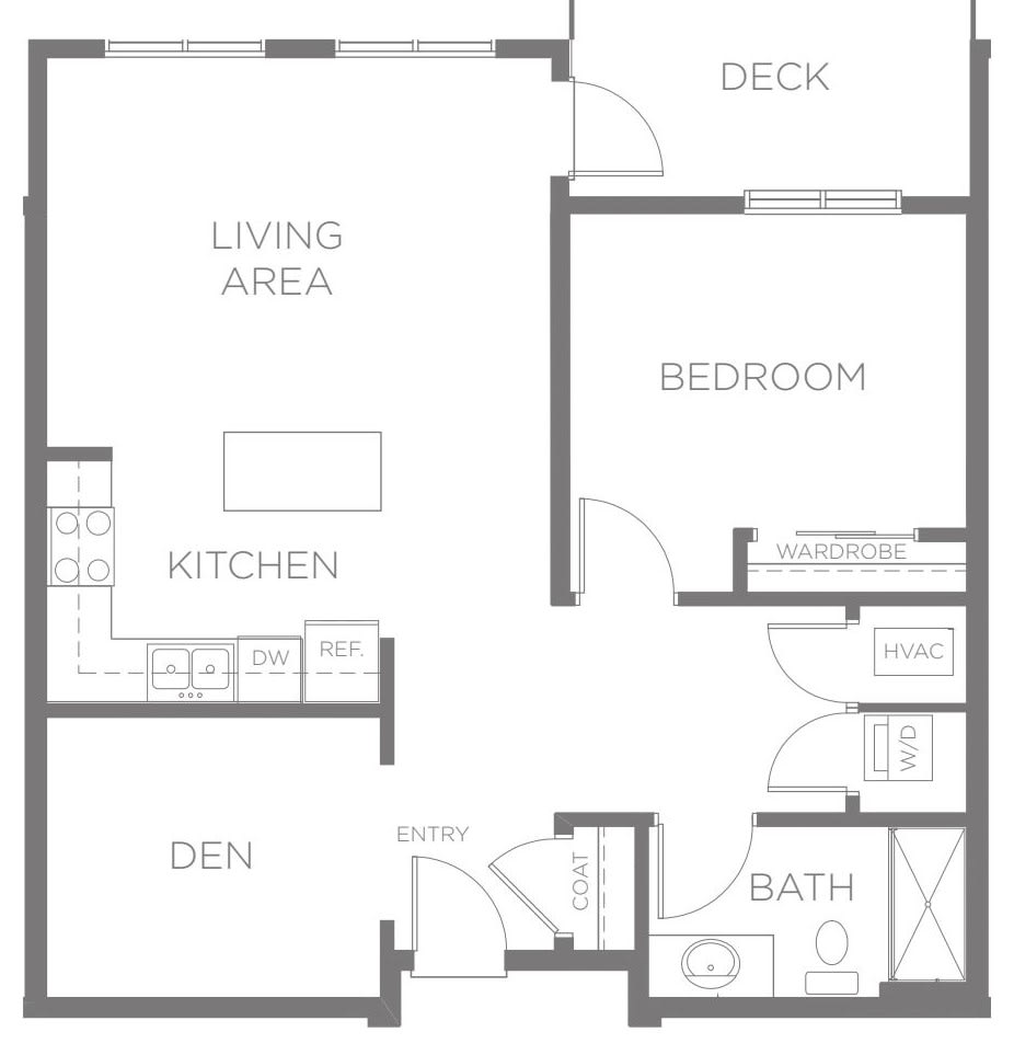A floor plan showing a one-bedroom apartment with a living area, kitchen, den, bathroom, and deck.