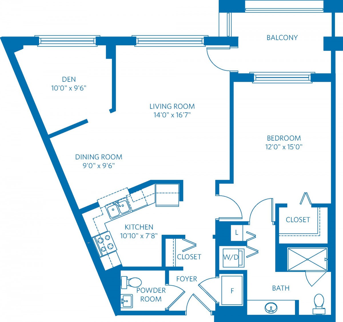 An architectural floor plan of an apartment showing rooms and dimensions.
