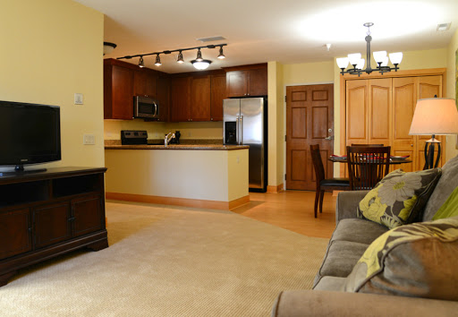 A cozy living room and kitchen area in a modern apartment, featuring warm colors and stylish furnishings.