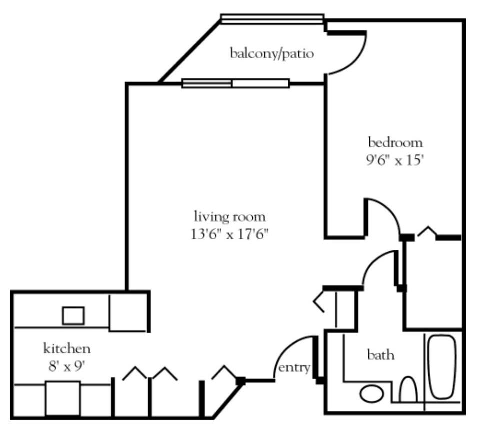 Floor plan of an apartment showing the layout of rooms including a living room, bedroom, kitchen, and bathroom.