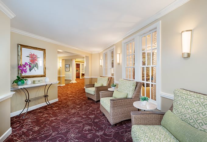 A cozy lobby area with comfortable seating and elegant decor.