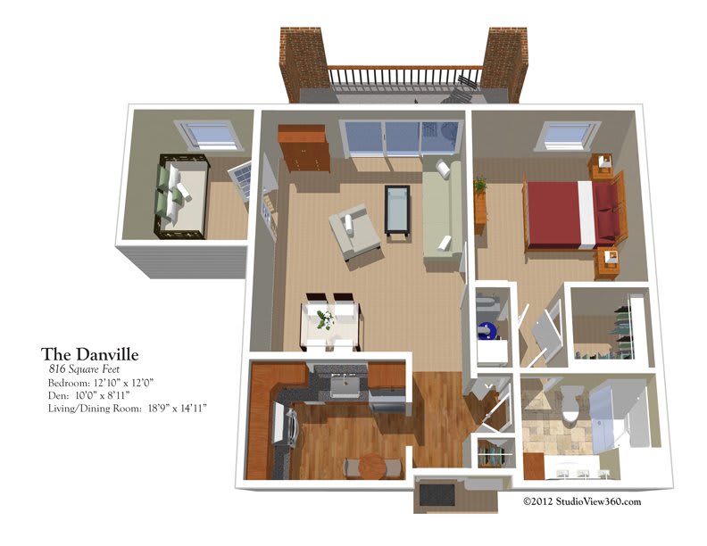 3D floor plan of a one-bedroom apartment with a living room, kitchen, and bathroom.