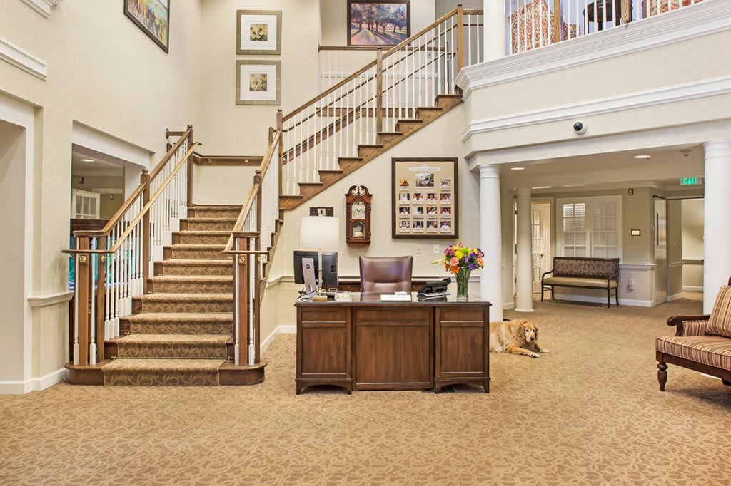 A welcoming lobby with a reception desk, staircase, and comfortable atmosphere.