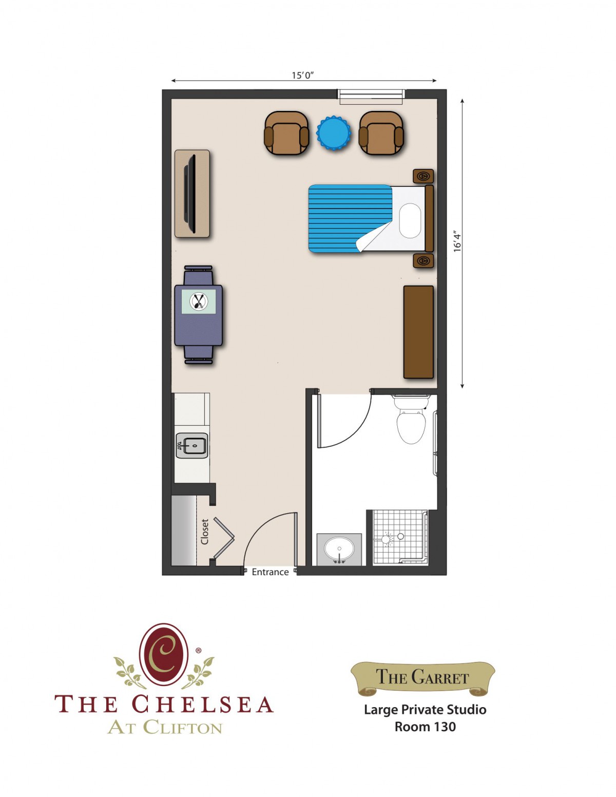 A floor plan of a studio apartment with designated areas for sleeping, sitting, and dining.