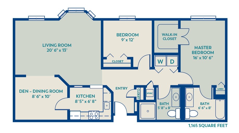 Apartment floor plan with labeled rooms including a living room, bedroom, kitchen, bathroom, and walk-in closet.