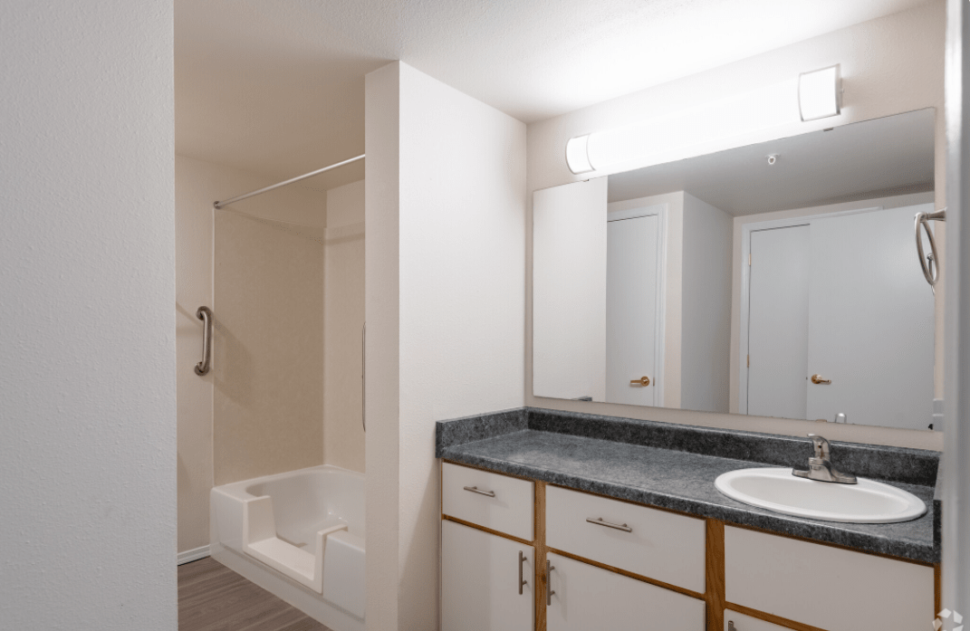A modern bathroom featuring a countertop with a sink, large mirror, and a shower area.