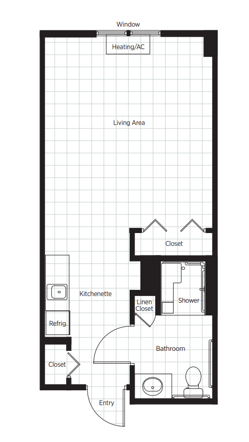 A floor plan of a studio apartment showing the layout including a living area, kitchen, closet, and bathroom.