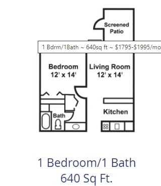 A floor plan of a 1 bedroom, 1 bathroom apartment featuring a living room and kitchen.