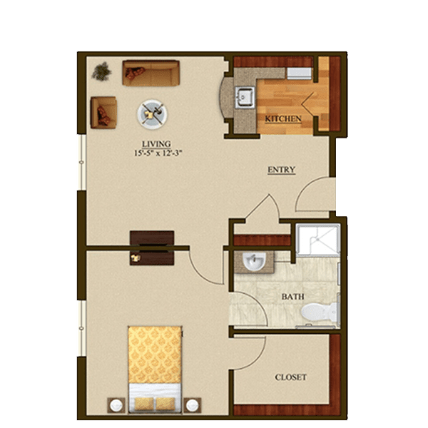 A detailed floor plan of a one-bedroom apartment featuring a living room, kitchen, bathroom, and closet.