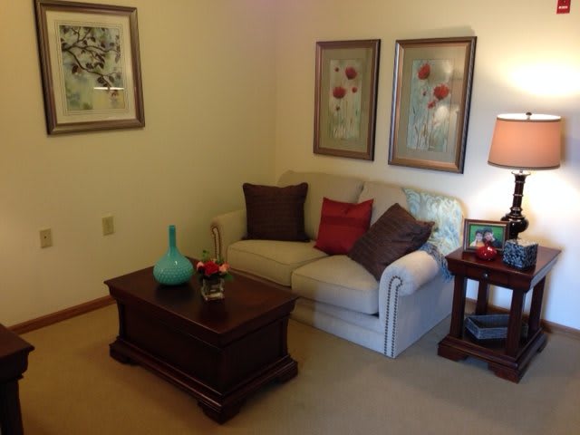 A cozy living room with a sofa, coffee table, and decorative artwork.