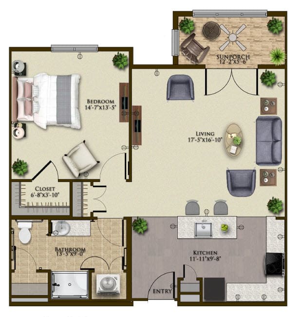 A detailed floor plan of a one-bedroom apartment with a living room, kitchen, bathroom, and balcony.