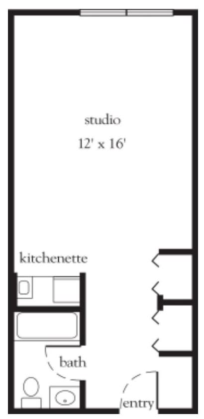 A simple floor plan of a studio apartment with a kitchenette.