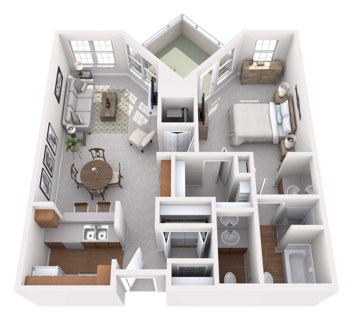 A 3D floor plan of an apartment showing a living room, dining area, kitchen, bedroom, and bathroom.