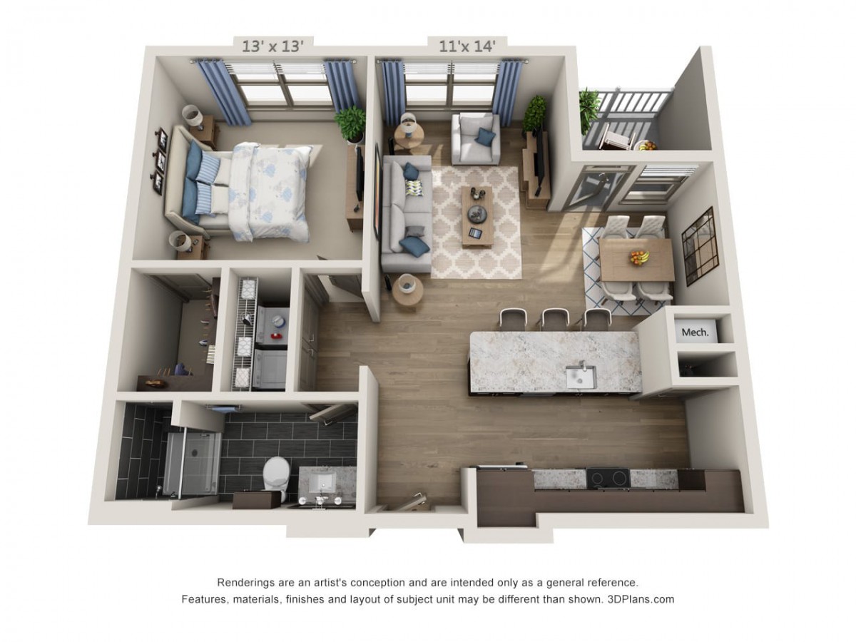 This is a 3D floor plan of a modern one-bedroom apartment with an open living area and kitchen, including a bathroom and balcony.