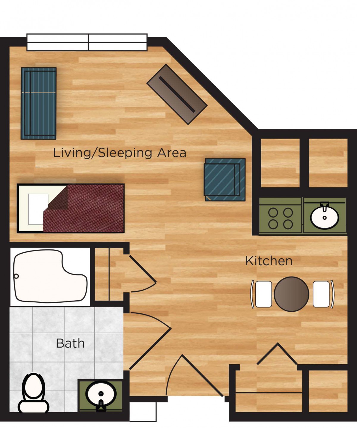 Studio apartment floor plan with designated living/sleeping area, kitchen, and bathroom.