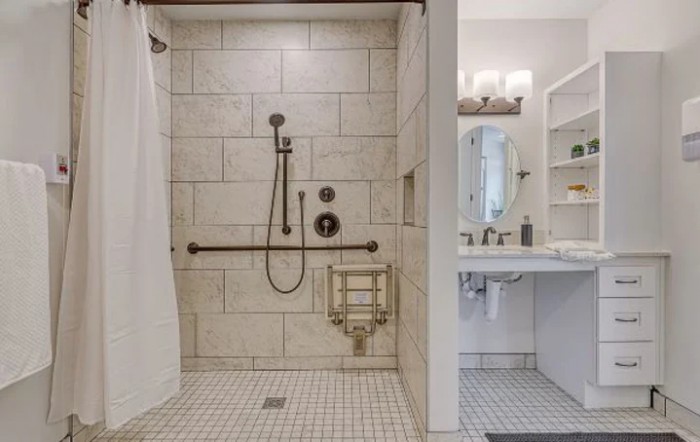 An accessible bathroom with a walk-in shower featuring grab bars and a handheld showerhead, adjacent to a vanity with a mirror.