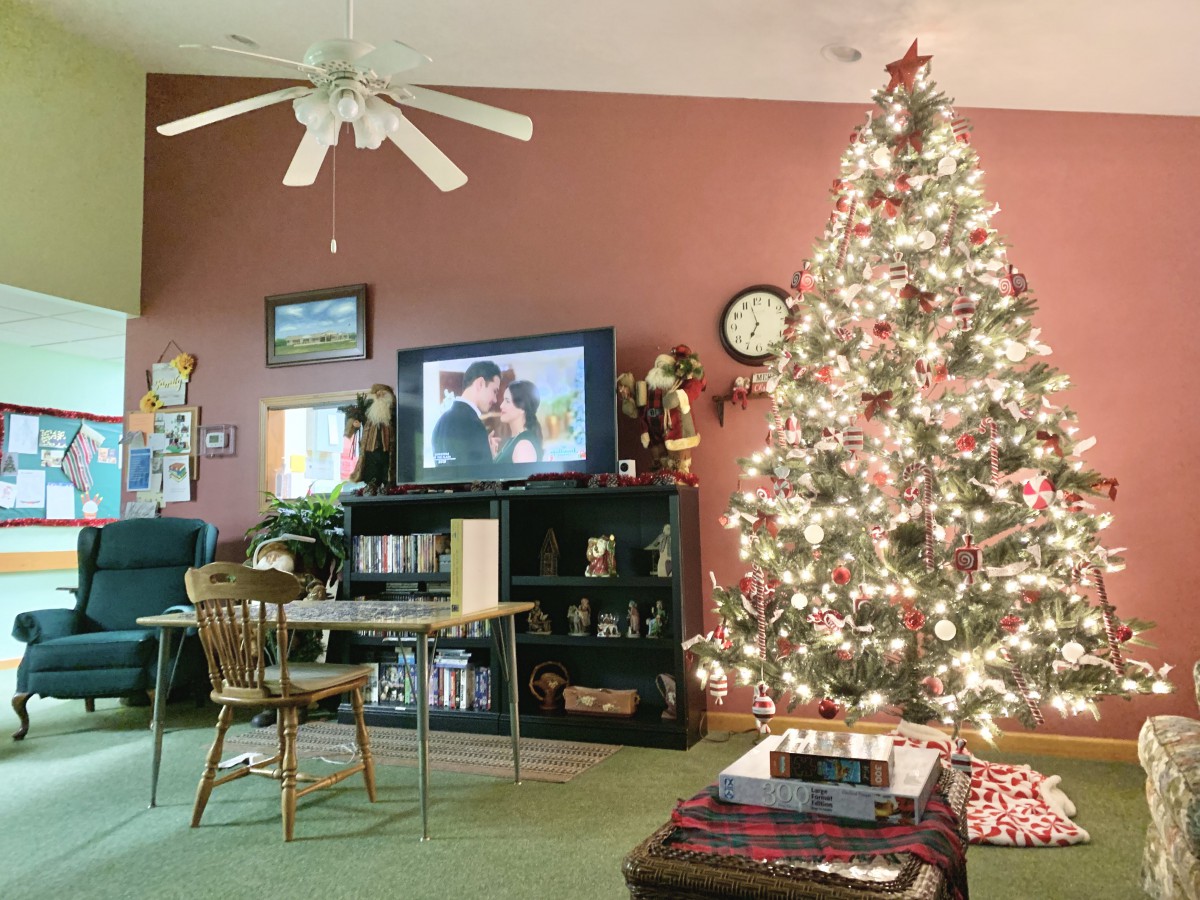 A cozy living room decorated for Christmas with a beautifully lit tree and gifts nearby.