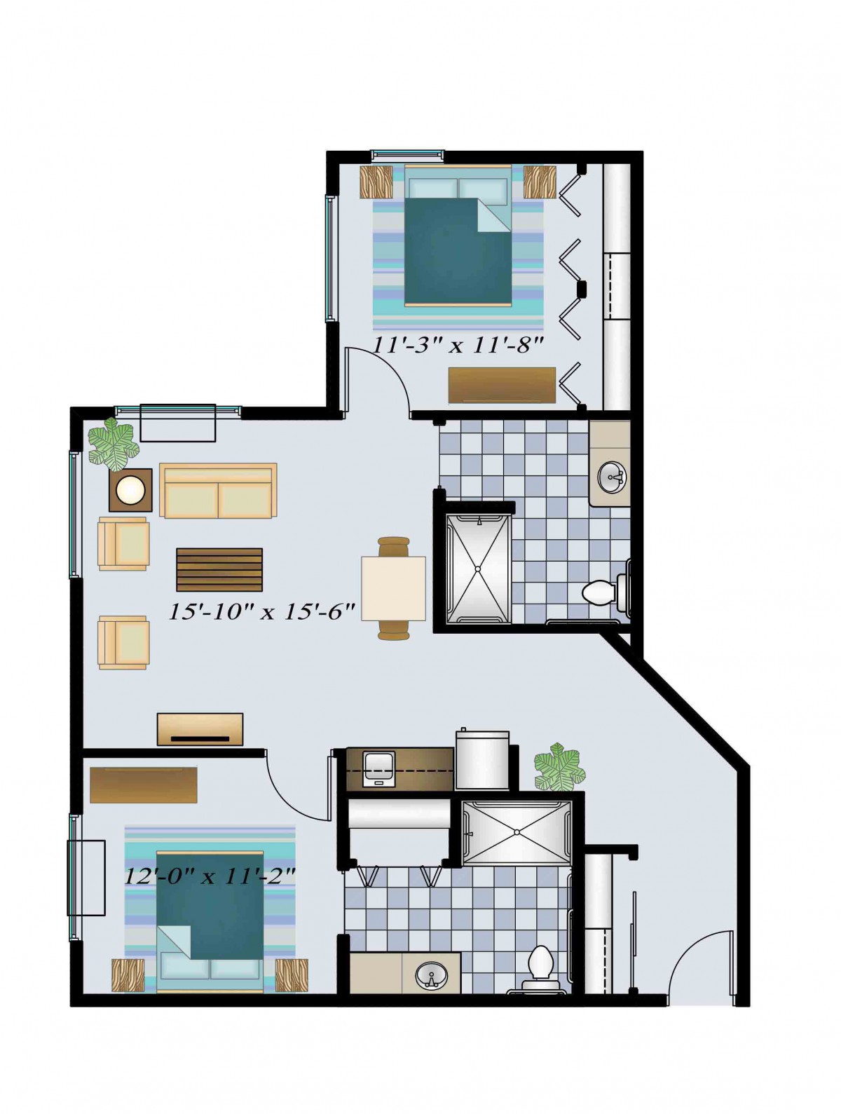 A two-bedroom apartment floor plan featuring a living room, kitchen, and bathrooms.