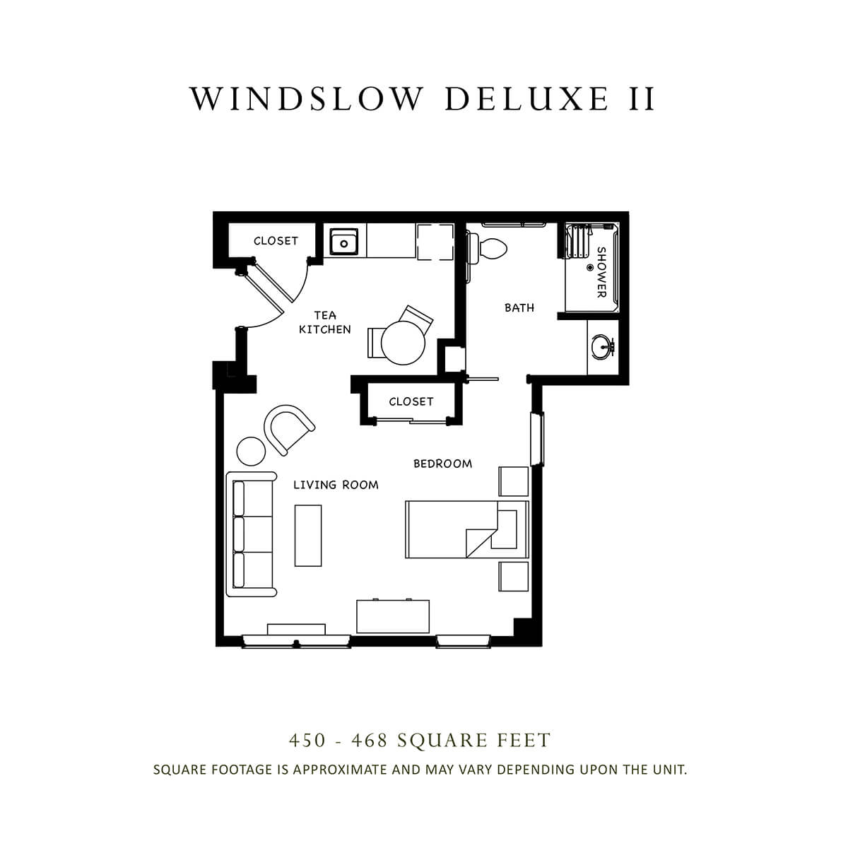 Floor plan of the Windslow Deluxe II apartment layout.