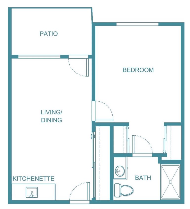 Floor plan of a one-bedroom apartment with a living/dining area, kitchenette, bathroom, and patio.