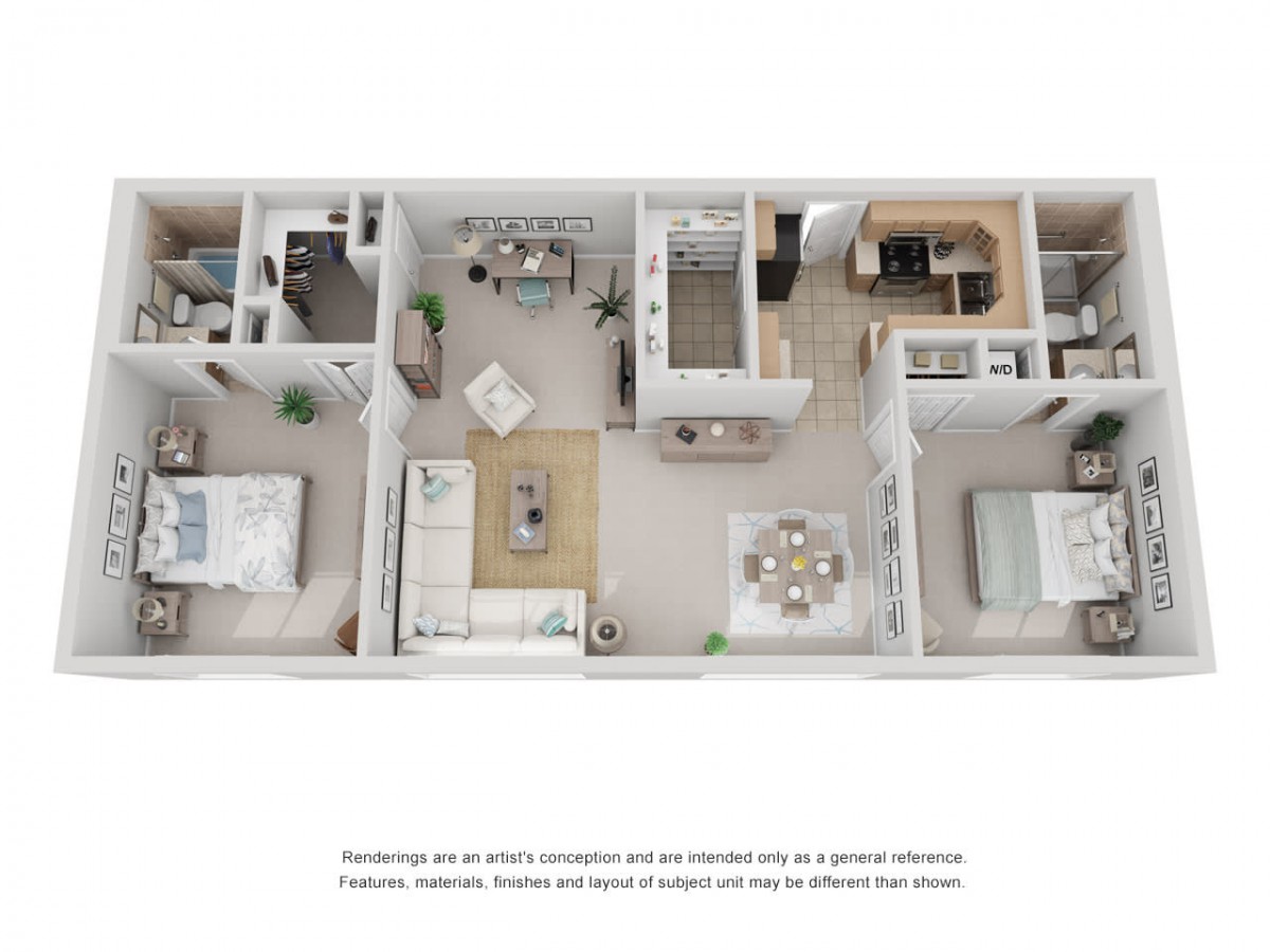 This image shows a 3D floor plan of a modern two-bedroom apartment, including a living room, kitchen, and bathroom.