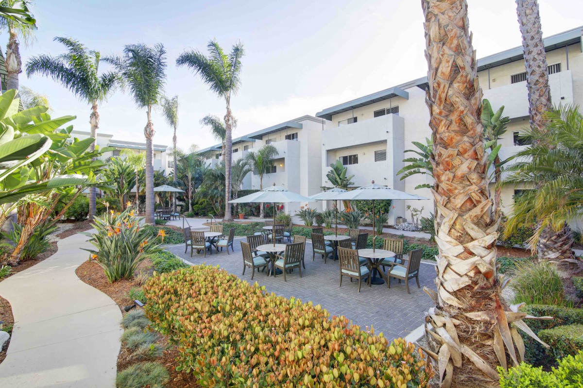 Outdoor garden area of a hotel with tables and palm trees.